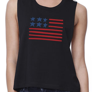 Cute USA Flag Design Womens Black Crop Top 4th of July Gift Ideas - 365INLOVE