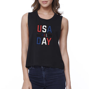 USA All Day Womens Black Crop Top Cute 4th of July Womens Crop Tee - 365INLOVE