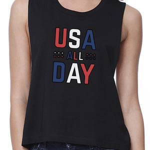 USA All Day Womens Black Crop Top Cute 4th of July Womens Crop Tee - 365INLOVE