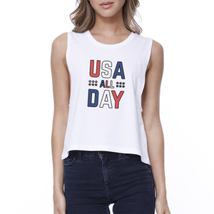 USA All Day Womens White Crop Tee For Fourth of July Gifts For Her - 365INLOVE