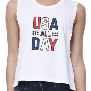 USA All Day Womens White Crop Tee For Fourth of July Gifts For Her - 365INLOVE