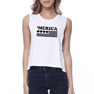 Heart 'Merica Flag Womens Sleeveless Crop Tee For Independence Day - 365INLOVE