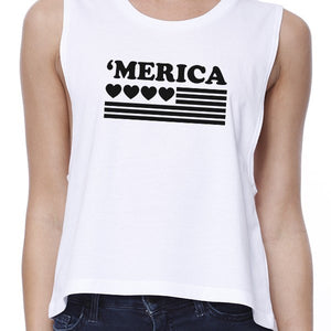 Heart 'Merica Flag Womens Sleeveless Crop Tee For Independence Day - 365INLOVE