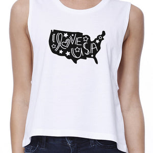 I Love USA Womens White Graphic Crop Tee Unique USA Map Design Tee - 365INLOVE