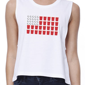 Beer Pong Flag Funny Independence Day Tee Womens White Crop Top - 365INLOVE