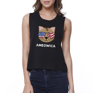 Ameowica Womens Black Sleeveless Crop Tee Gift Ideas For Cat Lovers - 365INLOVE