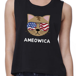 Ameowica Womens Black Sleeveless Crop Tee Gift Ideas For Cat Lovers - 365INLOVE