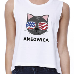 Ameowica Womens White Funny Cat Design Crop Tee For Fourth of July - 365INLOVE