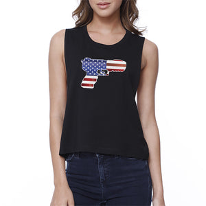 Pistol American Flag Womens Black Crop Tee Gifts For Gun Supporters - 365INLOVE