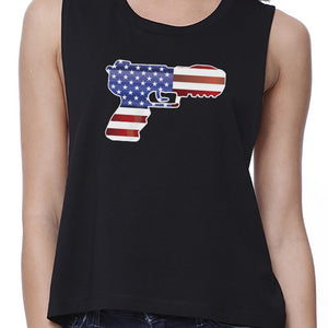 Pistol American Flag Womens Black Crop Tee Gifts For Gun Supporters - 365INLOVE