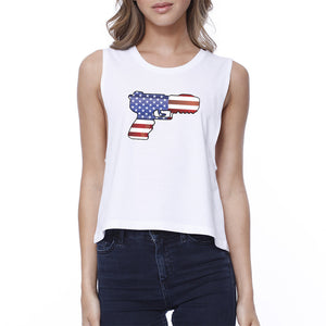 Pistol Shaped American Flag Unique Independence Day Womens Crop Tee - 365INLOVE