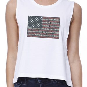 50 States Us Flag Womens White Crop Tee Funny 4th Of July Tank Top - 365INLOVE