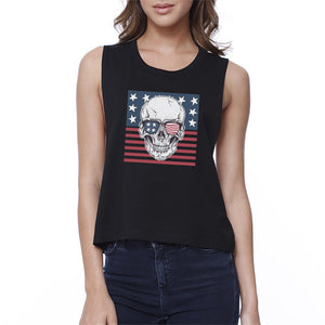 Skull American Flag Womens Black Crop Top Crewneck Line Cotton Tee - 365INLOVE