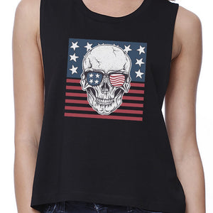 Skull American Flag Womens Black Crop Top Crewneck Line Cotton Tee - 365INLOVE