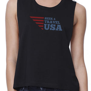 Seek & Travel USA Womens Black Crop Tee Shirt Round Neck Tank Top - 365INLOVE