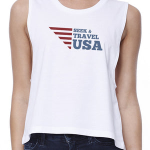 Seek & Travel USA Womens White Crop Tee Shirt Round Neck Tank Top - 365INLOVE