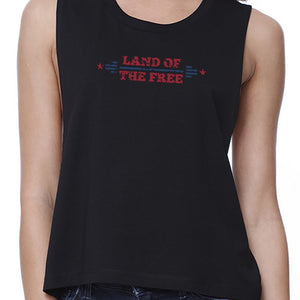 Land Of The Free Womens Black Crewneck Crop Top 4th Of July Gifts - 365INLOVE