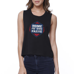 Home Of The Brave Black Cotton Unique Graphic Crop Tee For Women - 365INLOVE