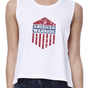 American Warrior Womens White Crewneck Crop Tee Shirt Gift For Her - 365INLOVE