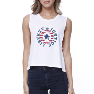 Liberty & Justice Womens White Sleeveless Tee 4th Of July Crop Tee - 365INLOVE