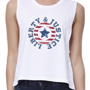 Liberty & Justice Womens White Sleeveless Tee 4th Of July Crop Tee - 365INLOVE