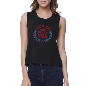 God Bless USA Womens Black Cotton Crop Tee Independence Day Gifts - 365INLOVE