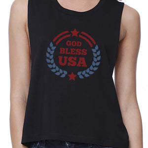 God Bless USA Womens Black Cotton Crop Tee Independence Day Gifts - 365INLOVE