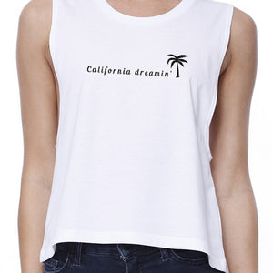 California Dreaming Womens White Crop Tee Round Neck Line Cotton - 365INLOVE