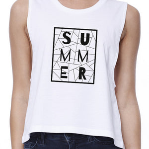 Summer Geometric Lettering Womens White Sleeveless Crop T-Shirt - 365INLOVE