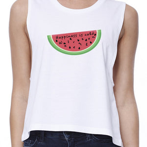 Happiness Is Cold Watermelon Womens White Cotton Crop Tee Loose Fit - 365INLOVE