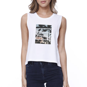 Palm Trees California Sunset Women White Loose Fit Crop Tee Shirt - 365INLOVE