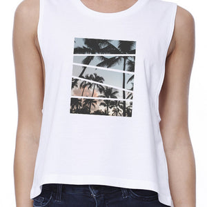 Palm Trees California Sunset Women White Loose Fit Crop Tee Shirt - 365INLOVE