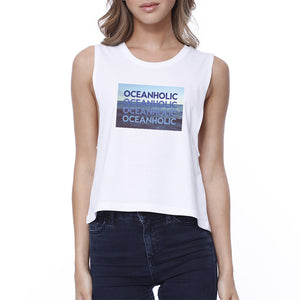 Oceanholic Women White Graphic Crop Top Lightweight Tropical Thank - 365INLOVE