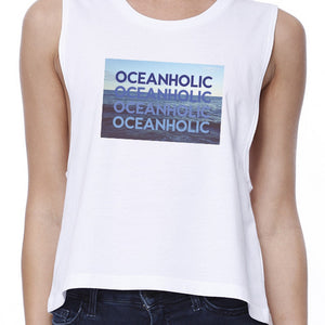 Oceanholic Women White Graphic Crop Top Lightweight Tropical Thank - 365INLOVE