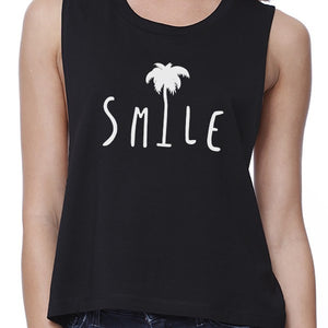 Smile Palm Tree Womens Black Cute Graphic Crop Tee Cute Summer Top