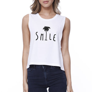 Smile Palm Tree Womens White Graphic Crop Shirt Cute Summer Outfit