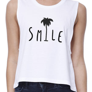 Smile Palm Tree Womens White Graphic Crop Shirt Cute Summer Outfit