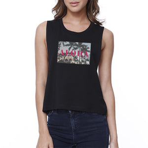 Aloha Womens Black Lightweight Cotton Cropped Tee For Summer Trip