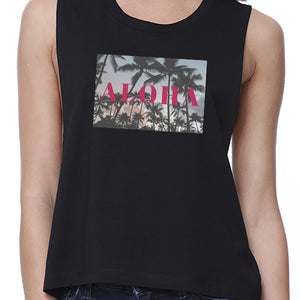 Aloha Womens Black Lightweight Cotton Cropped Tee For Summer Trip