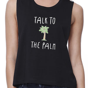 Talk To The Palm Womens Black Sleeveless Tropical Design Crop Top