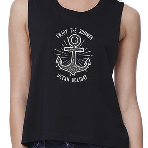 Enjoy The Summer Ocean Holiday Womens Black Crop Top