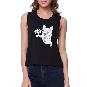 Boo French Bulldog Ghost Womens Black Crop Top