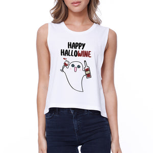 Happy Hallowine Ghost Wine Womens White Crop Top