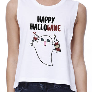 Happy Hallowine Ghost Wine Womens White Crop Top