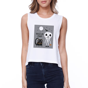 Trick-Or-Treat Skeleton Black Cat Womens White Crop Top