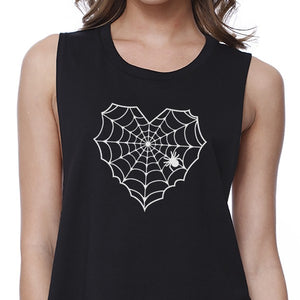 Heart Spider Web Womens Black Crop Top