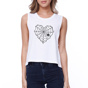 Heart Spider Web Womens White Crop Top