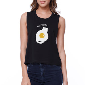 Meowgical Cat And Fried Egg Womens Black Crop Top