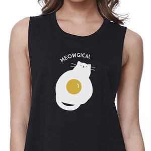 Meowgical Cat And Fried Egg Womens Black Crop Top