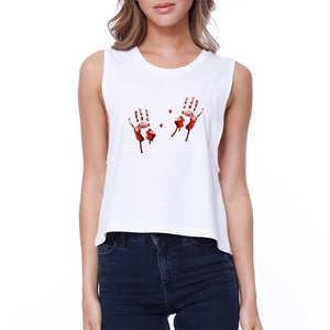 Bloody Handprints Womens White Crop Top